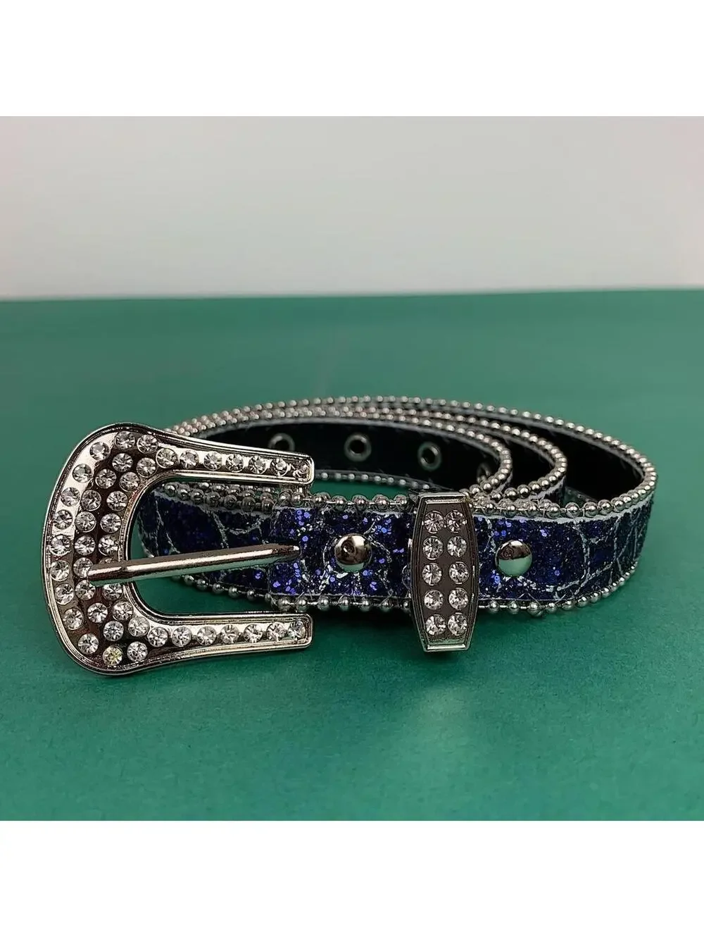 Cyber 2000s vintage Y2k western blue rhinestone belt. 41 inches length. Fits a 2
